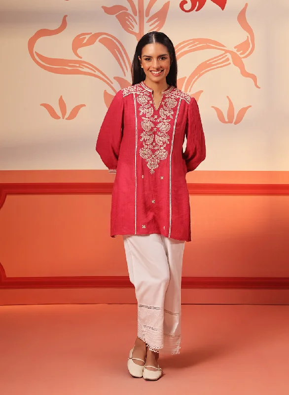 Kashaf Crimson Pink Embroidered Crinkled Crepe Long Top for Women