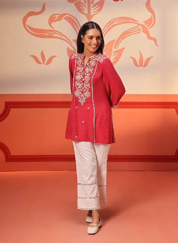 Kashaf Crimson Pink Embroidered Crinkled Crepe Long Top for Women