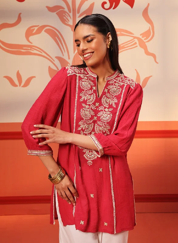 Kashaf Crimson Pink Embroidered Crinkled Crepe Long Top for Women