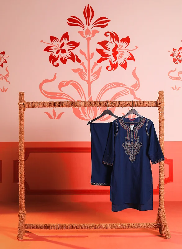 Khurshid Navy Blue Embroidered Cotton Linen Designer Kurta Set for Women