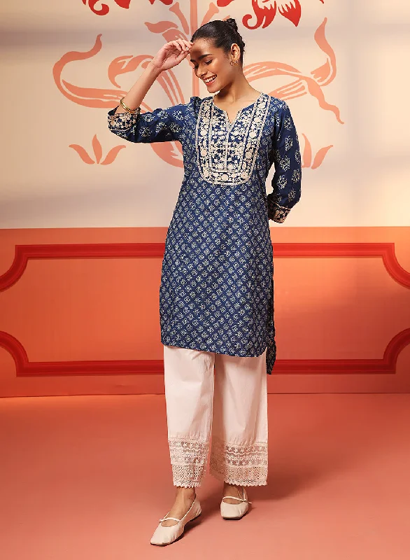 Kyra Blue Printed Cotton Designer Kurta for Women