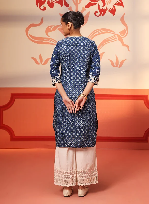 Kyra Blue Printed Cotton Designer Kurta for Women