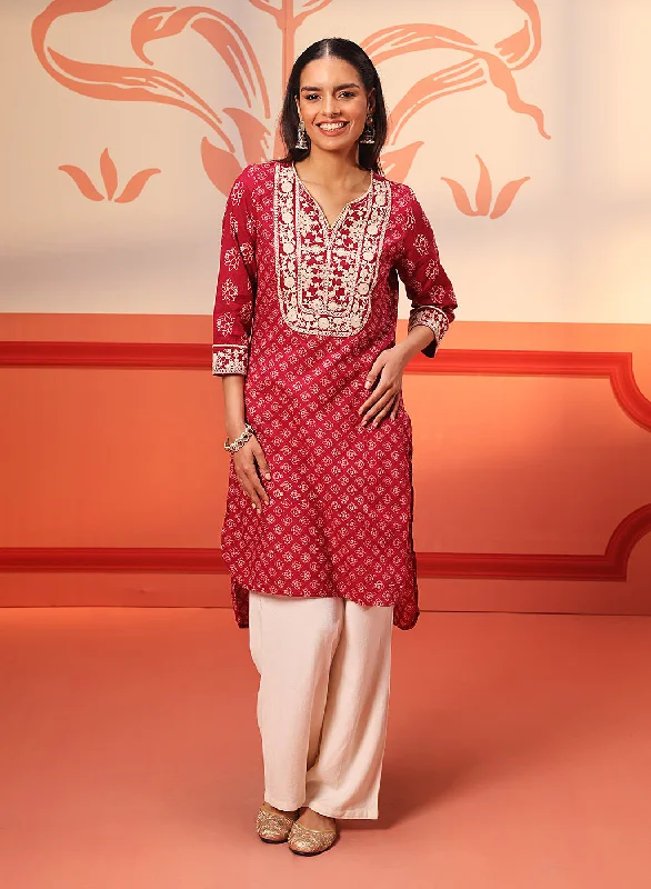 Kyra Cherry Red Printed Cotton Designer Kurta for Women