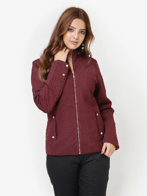 Maroon Quilted High-neck Jacket for Women