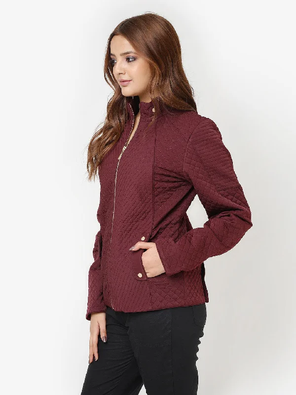 Maroon Quilted High-neck Jacket for Women