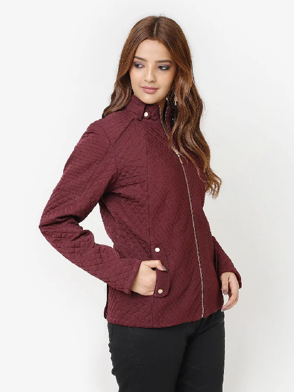 Maroon Quilted High-neck Jacket for Women