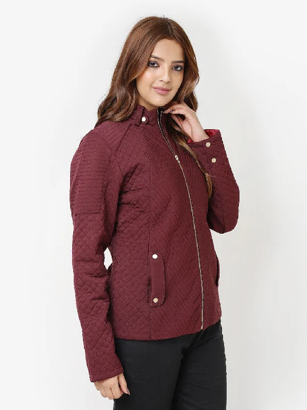 Maroon Quilted High-neck Jacket for Women