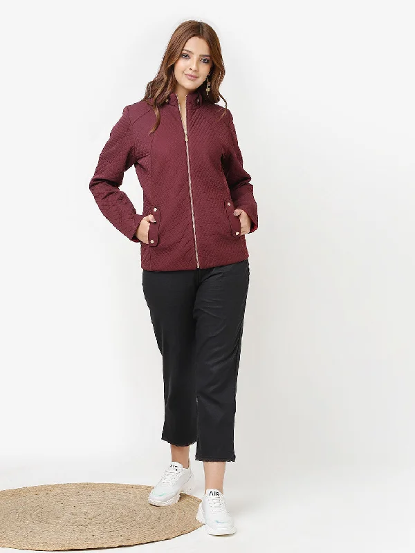 Maroon Quilted High-neck Jacket for Women