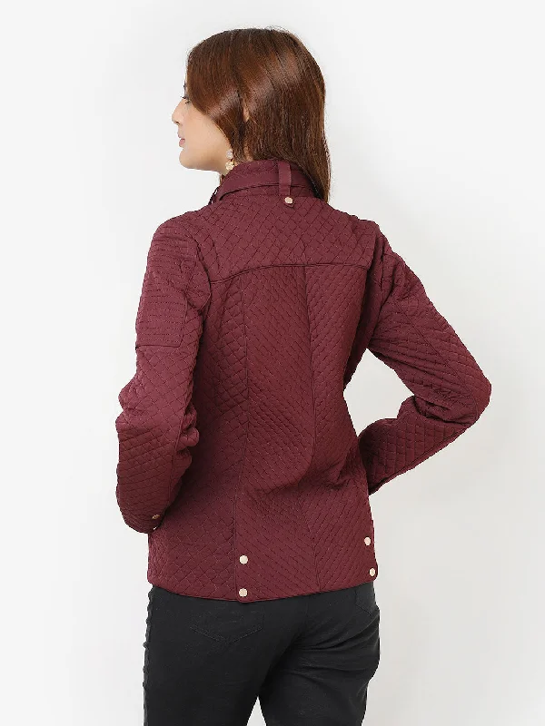 Maroon Quilted High-neck Jacket for Women