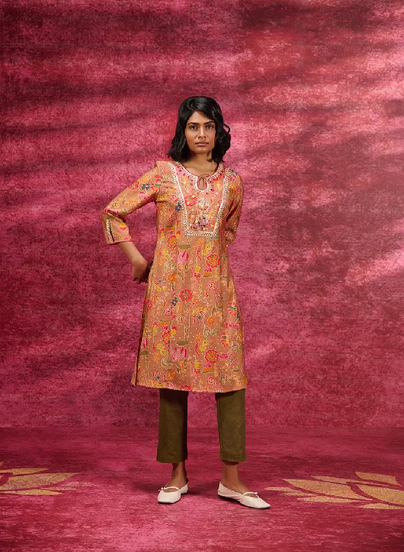 Meher Ash Brown Printed Cotton Silk Kurta