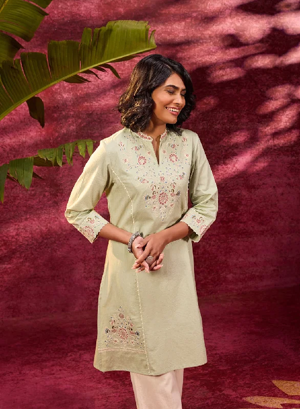 Zeenat Mint Green Embroidered Striped Cotton Designer Kurta for Women