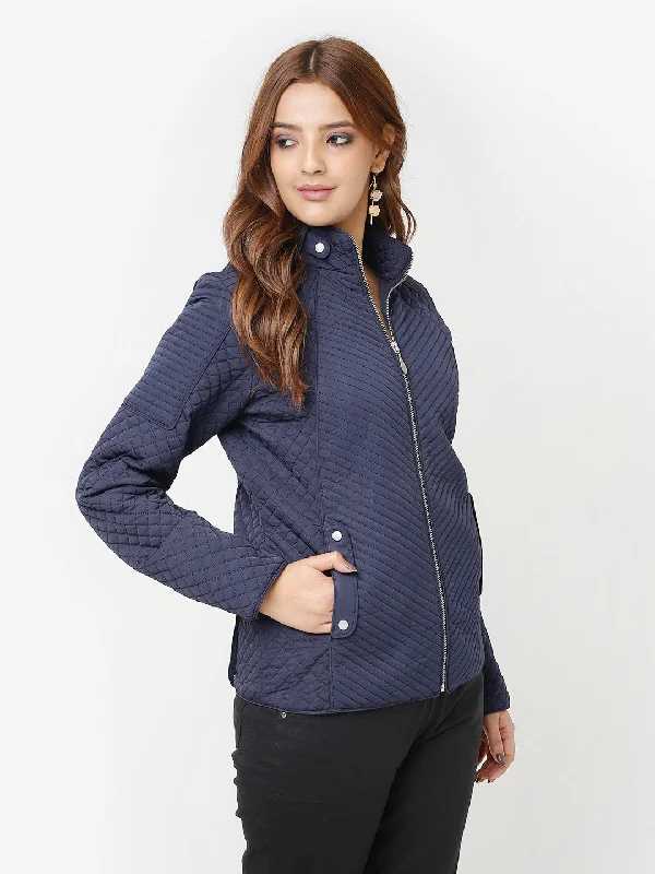 Navy Blue Quilted High-neck Jacket for Women