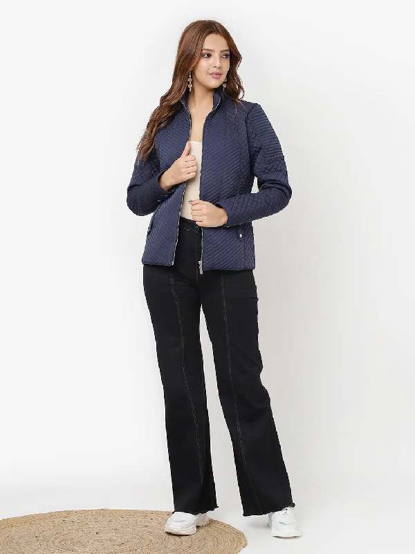 Navy Blue Quilted High-neck Jacket for Women