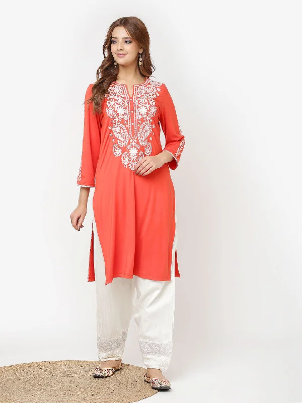 Orange Straight Kurta for Women with Threadwork