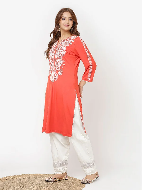 Orange Straight Kurta for Women with Threadwork