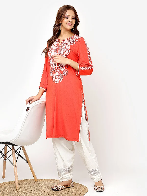 Orange Straight Kurta for Women with Threadwork