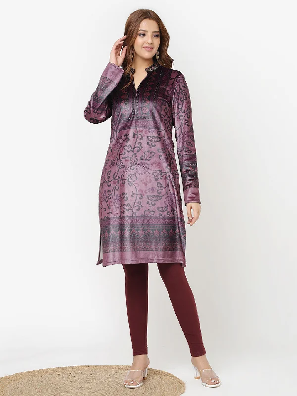 Maroon Printed Velvet Straight Kurta with Neck Embellishment