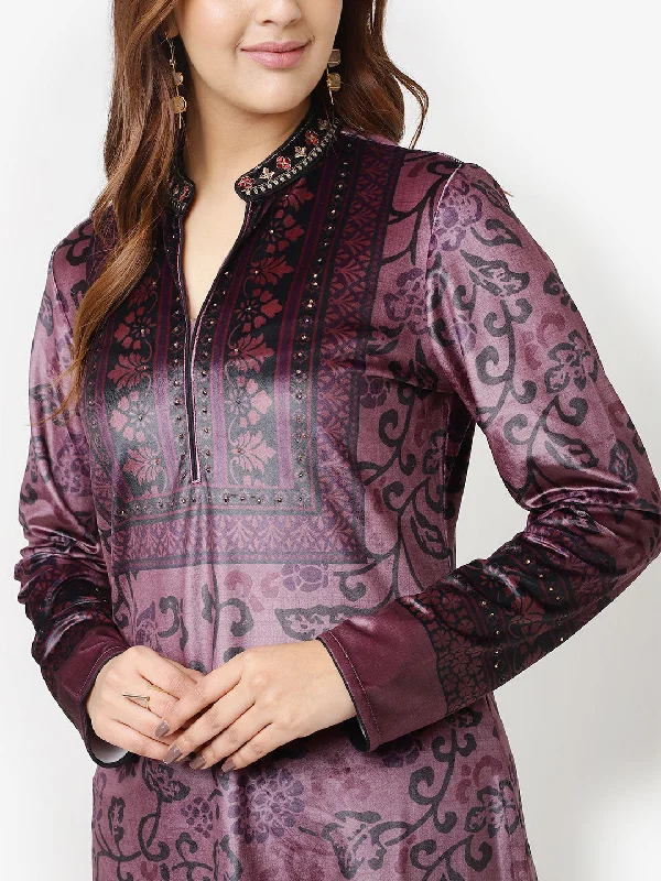 Maroon Printed Velvet Straight Kurta with Neck Embellishment