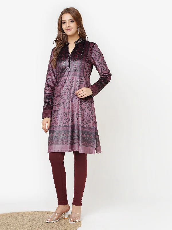 Maroon Printed Velvet Straight Kurta with Neck Embellishment