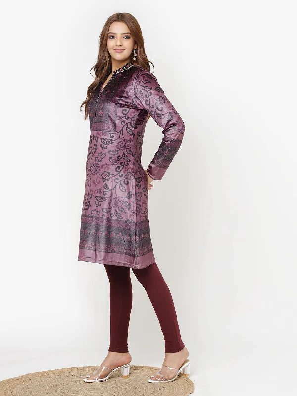 Maroon Printed Velvet Straight Kurta with Neck Embellishment