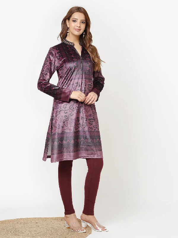 Maroon Printed Velvet Straight Kurta with Neck Embellishment