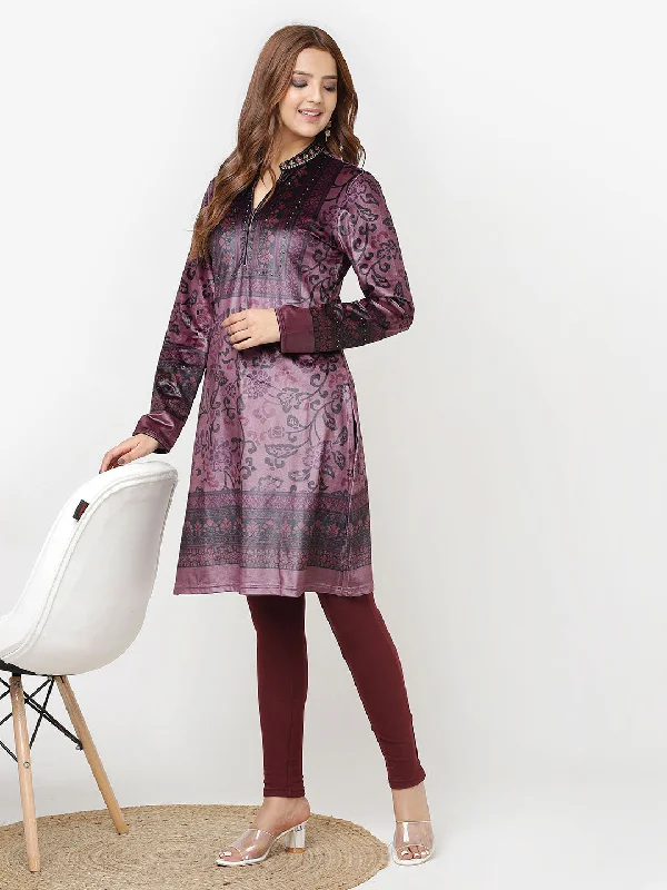 Maroon Printed Velvet Straight Kurta with Neck Embellishment