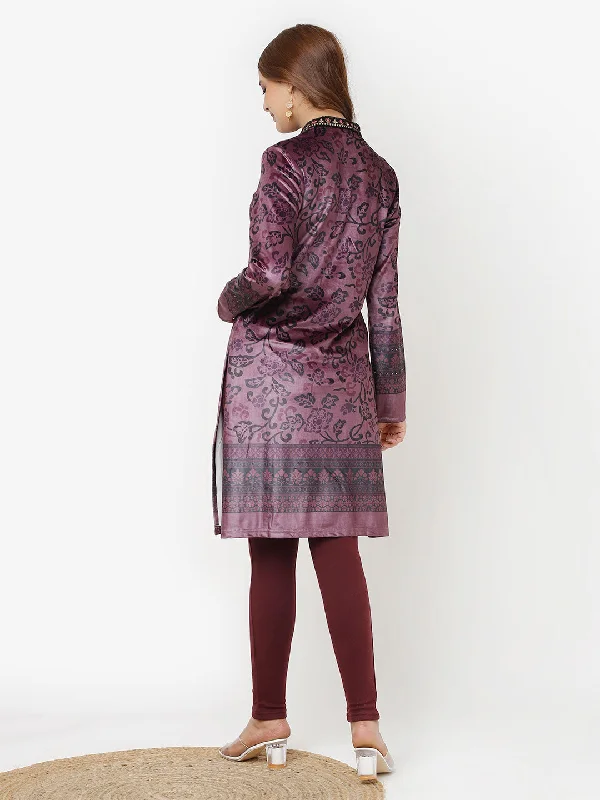 Maroon Printed Velvet Straight Kurta with Neck Embellishment