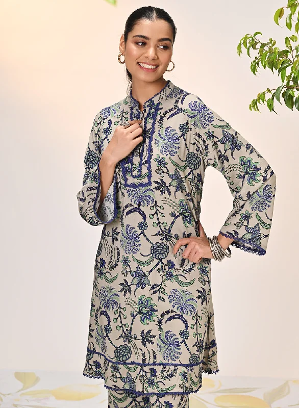 Ramsha Beige with Blue Printed Viscose Rayon Co-ord Set for Women