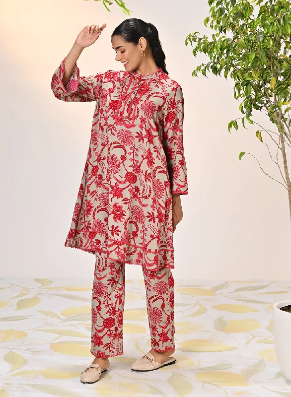 Ramsha Beige with Red Printed Viscose Rayon Co-ord Set for Women