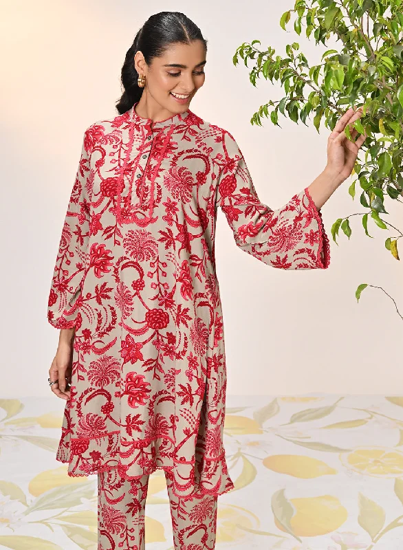 Ramsha Beige with Red Printed Viscose Rayon Co-ord Set for Women