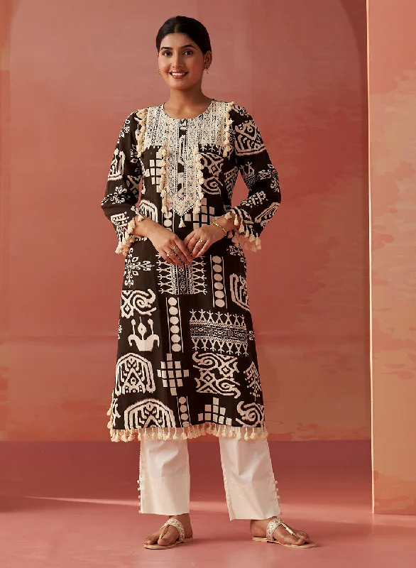 Ravleen Chocolate Brown Printed Long Rayon Kurta