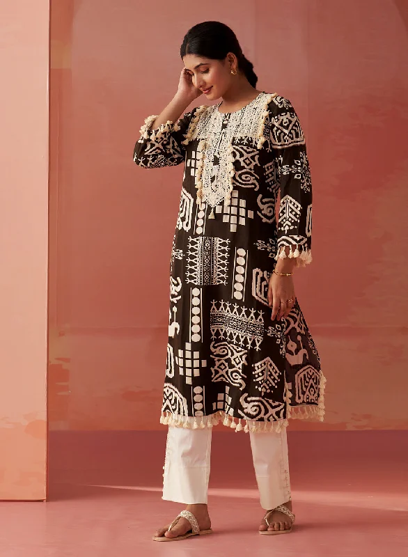 Ravleen Chocolate Brown Printed Long Rayon Kurta