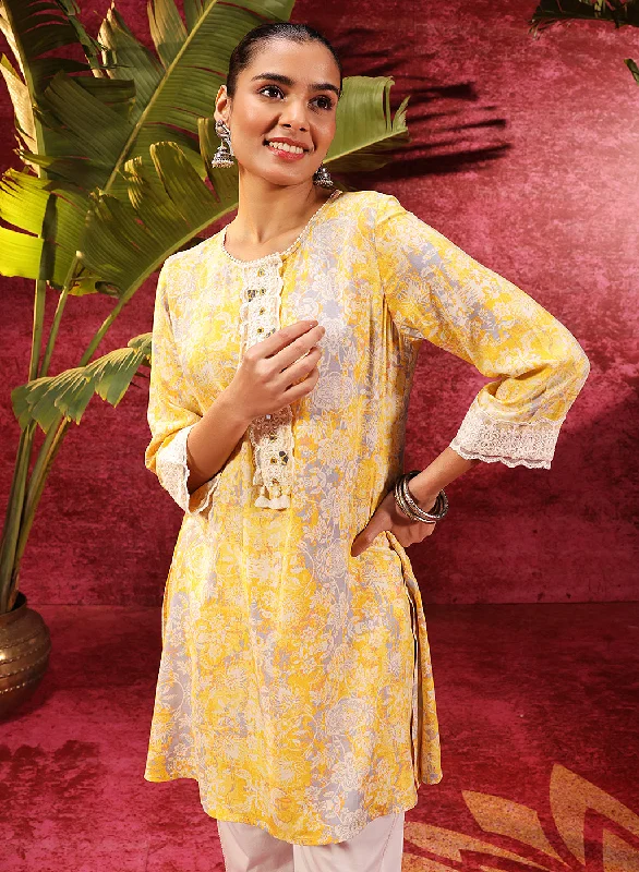 Rewa Bright Yellow Printed Viscose Rayon Kurti for Women