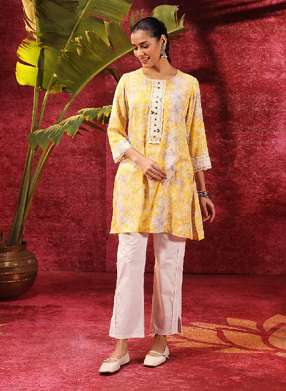 Rewa Bright Yellow Printed Viscose Rayon Kurti for Women