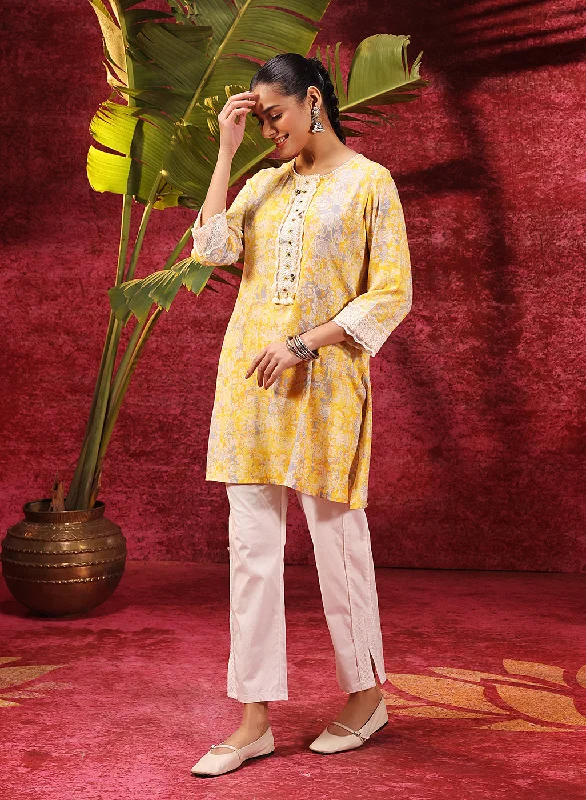 Rewa Bright Yellow Printed Viscose Rayon Kurti for Women