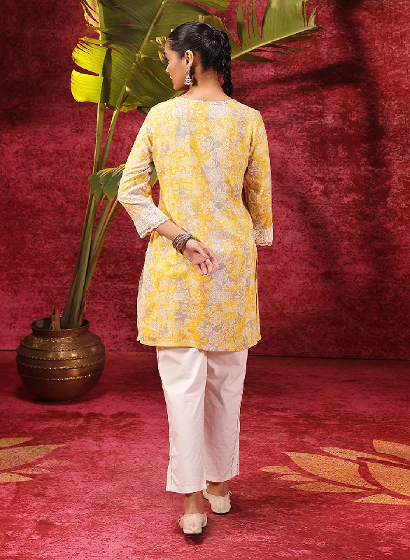 Rewa Bright Yellow Printed Viscose Rayon Kurti for Women