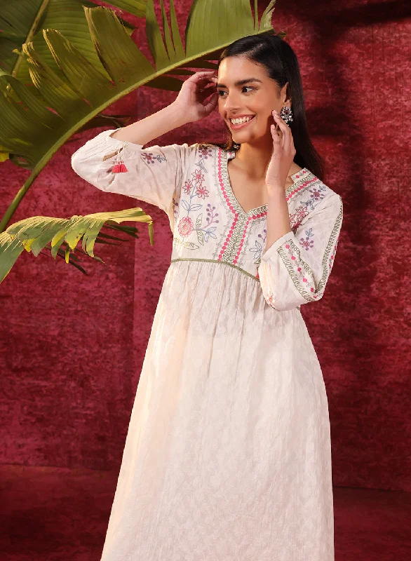 Rose Bud Ivory Embroidered Cotton Jacquard Designer Kurta Set for Women