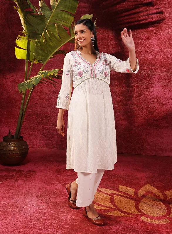 Rose Bud Ivory Embroidered Cotton Jacquard Designer Kurta Set for Women