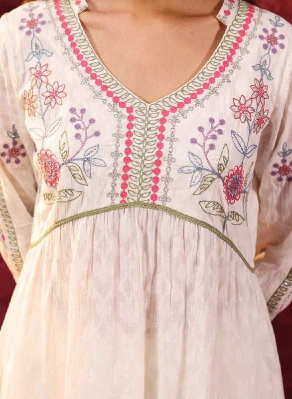 Rose Bud Ivory Embroidered Cotton Jacquard Designer Kurta Set for Women