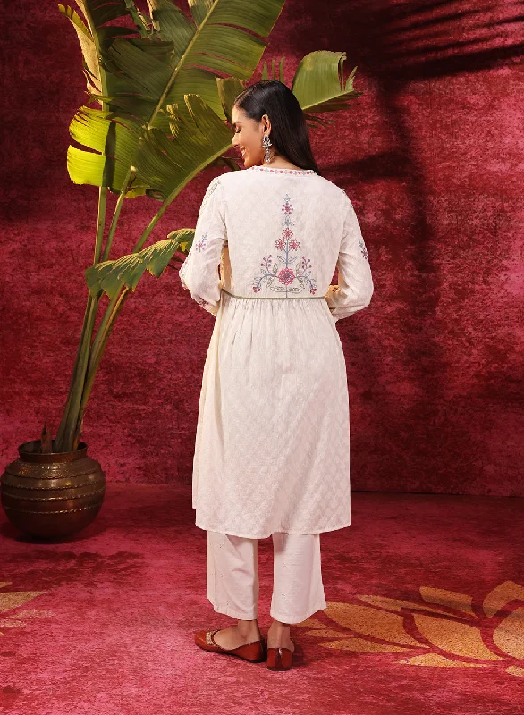 Rose Bud Ivory Embroidered Cotton Jacquard Designer Kurta Set for Women