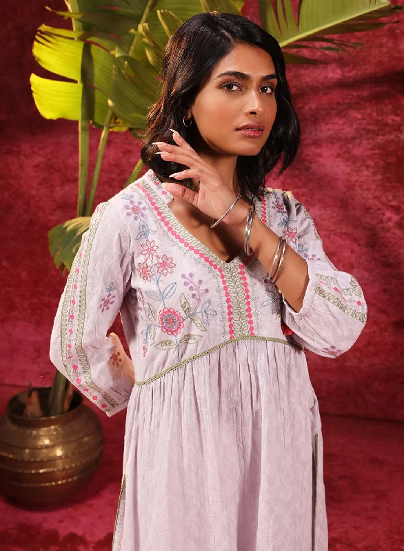 Rose Bud Lavender Embroidered Cotton Jacquard Designer Kurta Set for Women