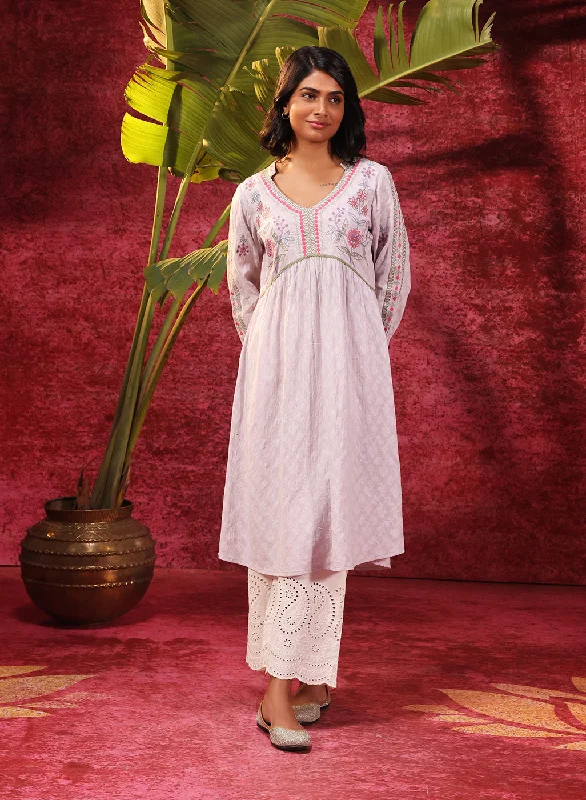 Rose Bud Lavender Embroidered Cotton Jacquard Designer Kurta Set for Women