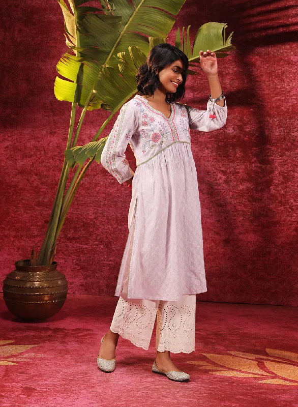 Rose Bud Lavender Embroidered Cotton Jacquard Designer Kurta Set for Women