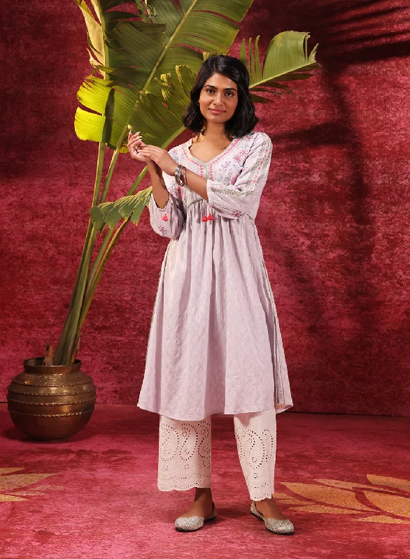 Rose Bud Lavender Embroidered Cotton Jacquard Designer Kurta Set for Women