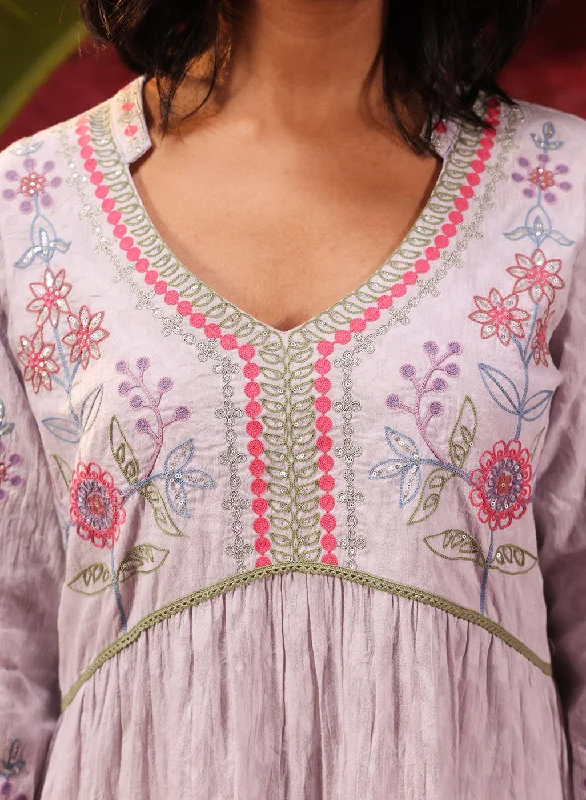 Rose Bud Lavender Embroidered Cotton Jacquard Designer Kurta Set for Women