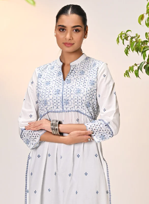 Rozana Ivory With Blue Embroidered Schiffli Kurta For Women