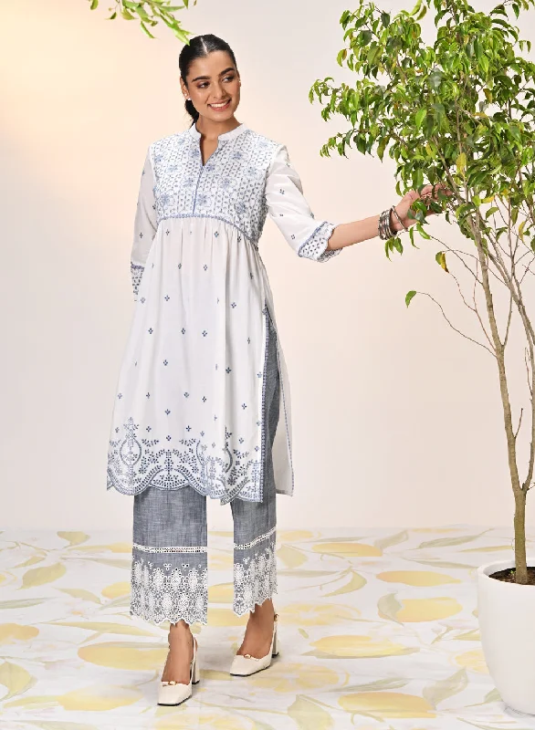 Rozana Ivory With Blue Embroidered Schiffli Kurta For Women