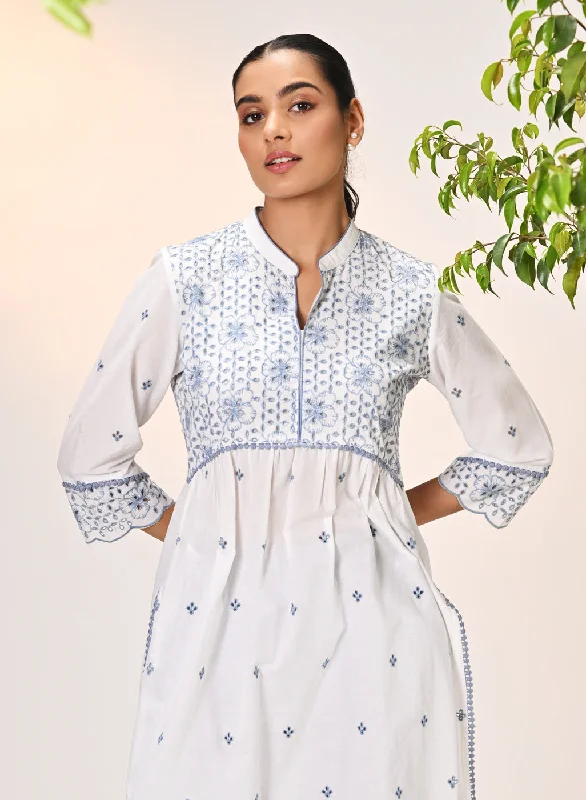 Rozana Ivory With Blue Embroidered Schiffli Kurta For Women