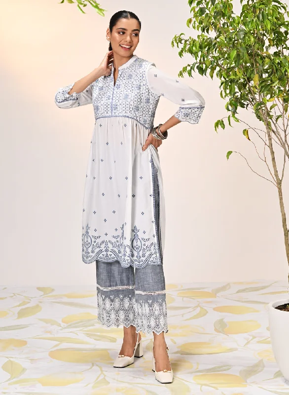 Rozana Ivory With Blue Embroidered Schiffli Kurta For Women