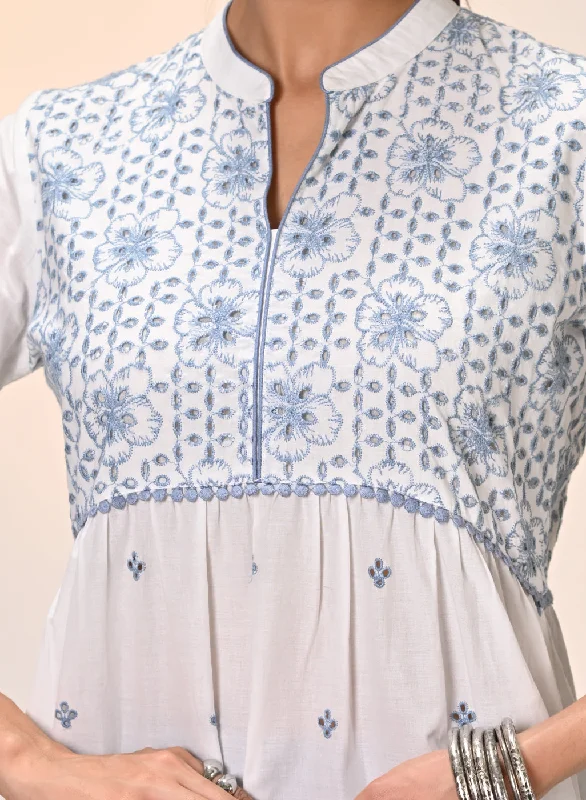 Rozana Ivory With Blue Embroidered Schiffli Kurta For Women